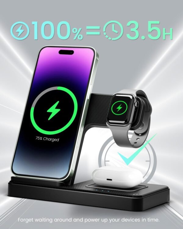 Wireless Charger iPhone Charging Station 3 in 1 Charger Stand Multiple Devices for Apple - iPhone 16e 16 15 14 Pro Max 13 12 11 - Watch 10 9 8 7 6 5 4 3 2 SE and Ultra Series - Airpods 4 3 2 Pro - Image 5