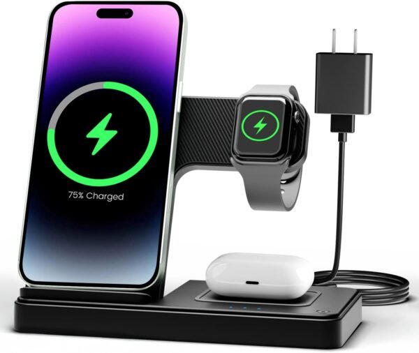 Wireless Charger iPhone Charging Station 3 in 1 Charger Stand Multiple Devices for Apple - iPhone 16e 16 15 14 Pro Max 13 12 11 - Watch 10 9 8 7 6 5 4 3 2 SE and Ultra Series - Airpods 4 3 2 Pro