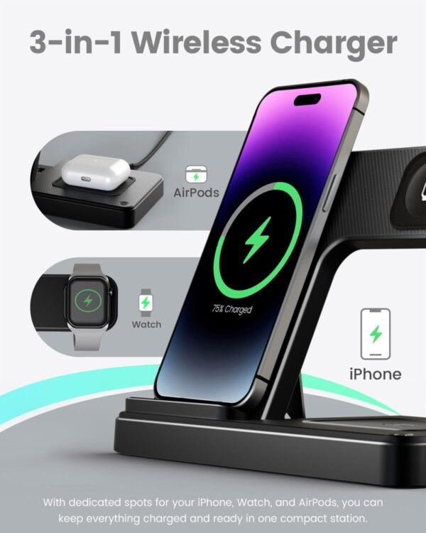 Wireless Charger iPhone Charging Station 3 in 1 Charger Stand Multiple Devices for Apple - iPhone 16e 16 15 14 Pro Max 13 12 11 - Watch 10 9 8 7 6 5 4 3 2 SE and Ultra Series - Airpods 4 3 2 Pro - Image 6