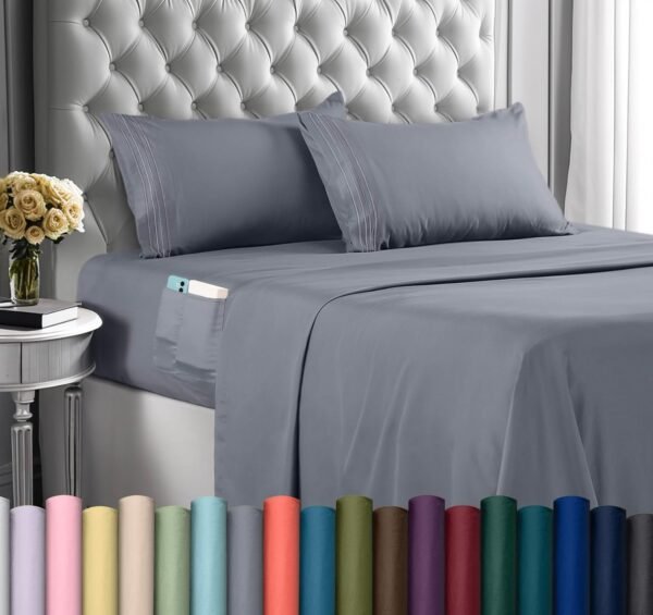 Utopia Bedding Full Size Bed Sheets Set – Soft Microfiber 4 Piece Hotel Luxury Bed Sheets with Deep Pockets - Embroidered Pillow Cases - Side Storage Pocket Fitted Sheet - Flat Sheet (Grey)