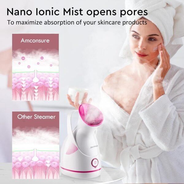 Amconsure Facial Steamer - Nano Ionic Face Steamer Warm Mist Steamer for Home Sauna SPA, Humidifier for Face Steamer for Deep Cleaning Unclogs Pores Sinuses - Bonus 5 Piece Stainless Steel Skin Kit - Image 3
