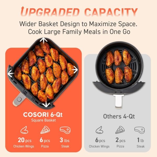 COSORI Air Fryer 9-in-1, Compact & Large 6-Qt, Fast Turbo Modes, 90°–450°F Even Results With Precise Temperature Control, Up to 95% Less Oil*, Roast, Bake, Dry, Reheat, Frozen, Broil, Proof, Grey - Image 7