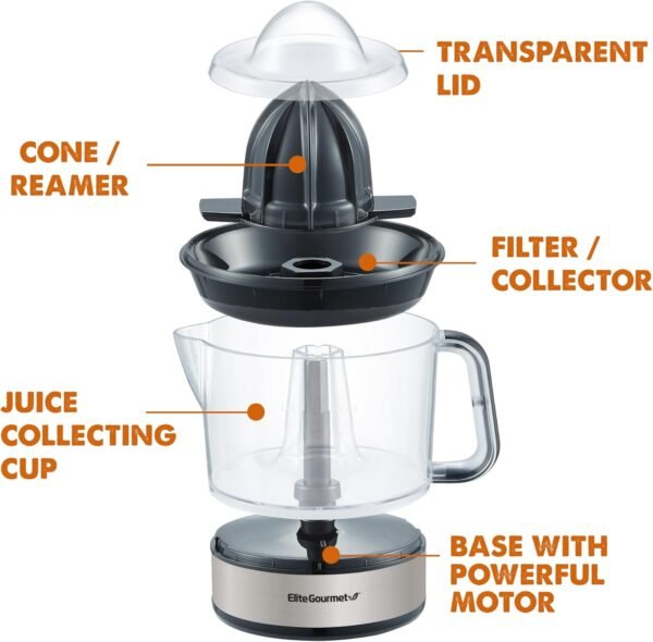Elite Gourmet ETS623 BPA-Free Electric Citrus Juicer, Compact, Large Volume, Pulp Control, Oranges, Lemons, Limes, Grapefruits with Easy Pour Spout, 24oz, Black/Stainless Steel - Image 2