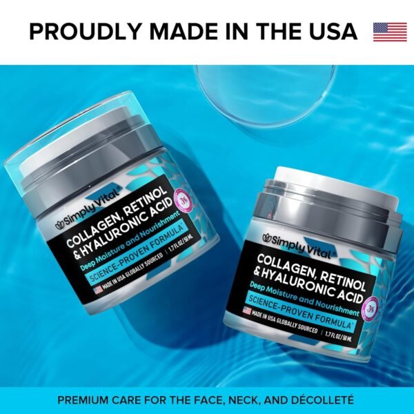 SimplyVital Collagen, Retinol & Hyaluronic Acid Cream - Anti-Aging Face Moisturizer for Face, Neck & Décolleté - Made in USA, Daily Moisturizer Face Cream - 1.7 fl.oz. - Image 4