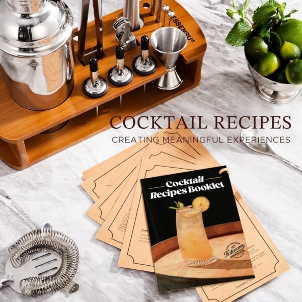 KITESSENSU Cocktail Shaker Set Bartender Kit with Stand | Bar Set Drink Mixer Set with All Essential Accessory Tools Martini Shaker, Jigger, Strainer, Mixer Spoon, Muddler, Liquor Pourers |Silver - Image 7