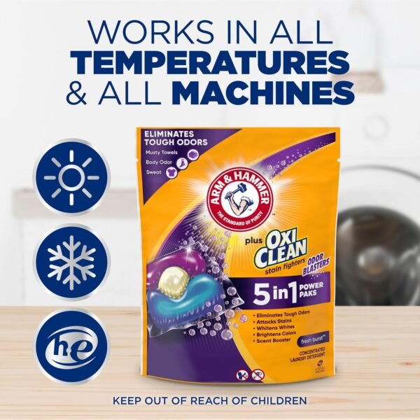 ARM & HAMMER Plus OxiClean with Odor Blasters Concentrated Laundry Detergent, 5-in-1 Laundry Stain Remover, Fresh Burst Detergent Power Paks, 42 Count Bag - Image 7
