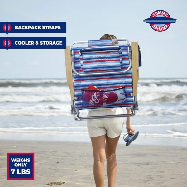 Tommy Bahama 5-Position Classic Lay Flat Folding Backpack Beach Chair, Aluminum , Red, White, and Blue Stripe - Image 3