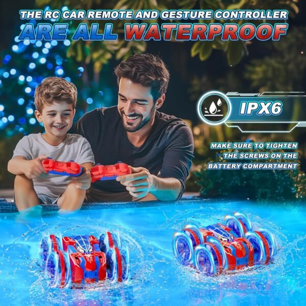 Waterproof Remote Control Car，4WD Amphibious 2.4 GHz RC Car Remote Control Boat，360°Rotation RC Stunt with LED Lights，Boys Girls Gifts All Terrain Water Beach Pool Toy - Image 3