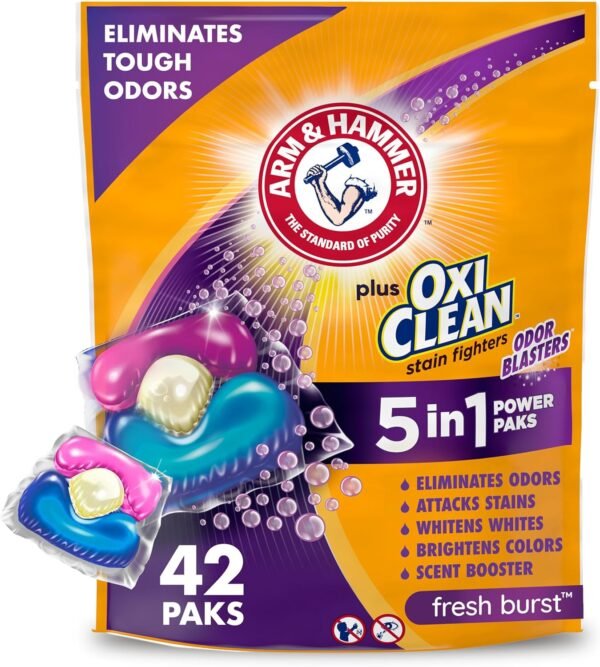 ARM & HAMMER Plus OxiClean with Odor Blasters Concentrated Laundry Detergent, 5-in-1 Laundry Stain Remover, Fresh Burst Detergent Power Paks, 42 Count Bag