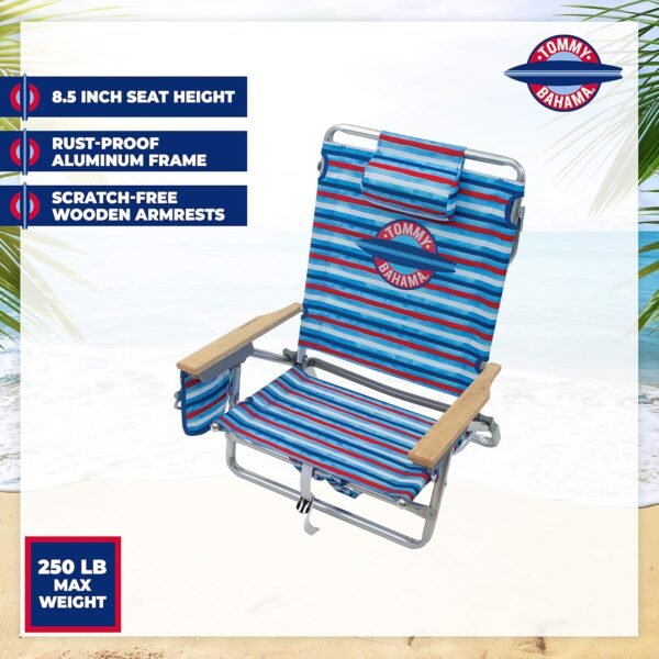Tommy Bahama 5-Position Classic Lay Flat Folding Backpack Beach Chair, Aluminum , Red, White, and Blue Stripe - Image 4