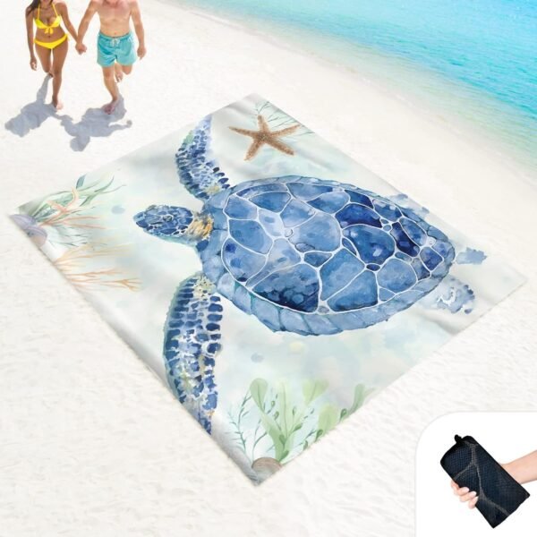 Beach Blanket Sand Proof Waterproof Oversized 100" x 80" Sand Free Mat with Corner Pockets and Mesh Bag for Outdoor, Picnic, Travel, Beach Accessories Portable, Watercolor Turtle