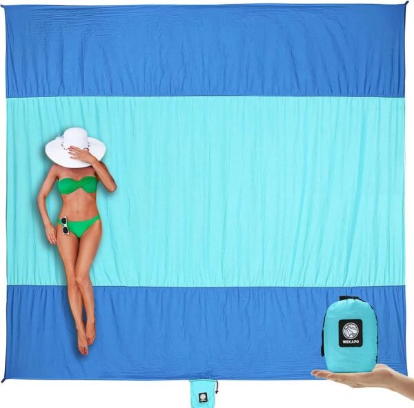 WEKAPO Beach Blanket - Sandproof Waterproof Extra Large Beach Mat | Oversized Sand-Free Lightweight Quick-Drying | Beach Vacation Essentials with Stakes & Corner Pockets