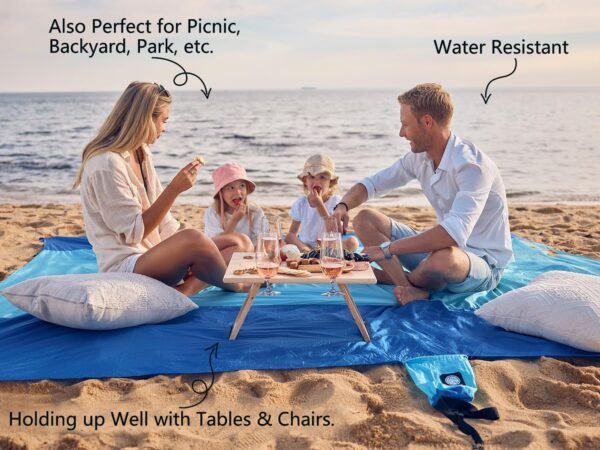 WEKAPO Beach Blanket - Sandproof Waterproof Extra Large Beach Mat | Oversized Sand-Free Lightweight Quick-Drying | Beach Vacation Essentials with Stakes & Corner Pockets - Image 4