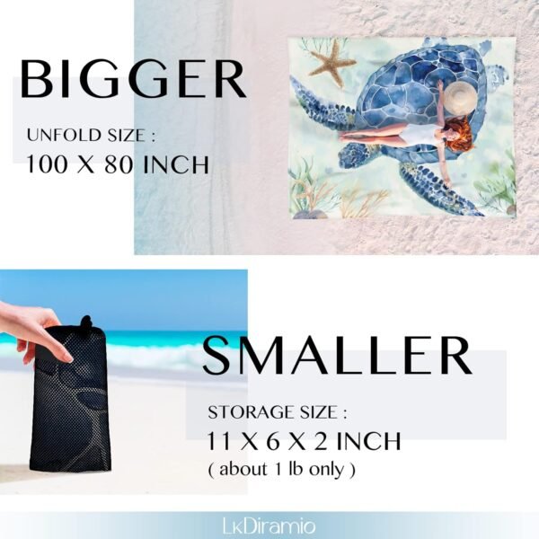 Beach Blanket Sand Proof Waterproof Oversized 100" x 80" Sand Free Mat with Corner Pockets and Mesh Bag for Outdoor, Picnic, Travel, Beach Accessories Portable, Watercolor Turtle - Image 3