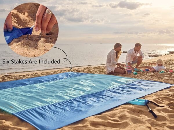 WEKAPO Beach Blanket - Sandproof Waterproof Extra Large Beach Mat | Oversized Sand-Free Lightweight Quick-Drying | Beach Vacation Essentials with Stakes & Corner Pockets - Image 6