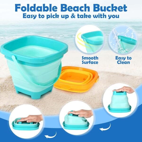 Dreamon Beach Toys for Kids 3-10, Collapsible Sand Toys Include 3 Pack Foldable Buckets with Mesh Bag, 24 PCS Beach Mold and Shovels Molds, Travel Sandbox Beach Toys for Toddler - Image 4