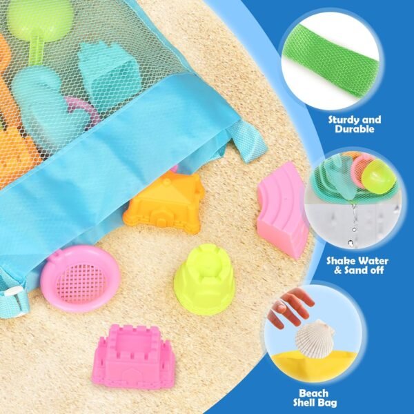 Dreamon Beach Toys for Kids 3-10, Collapsible Sand Toys Include 3 Pack Foldable Buckets with Mesh Bag, 24 PCS Beach Mold and Shovels Molds, Travel Sandbox Beach Toys for Toddler - Image 7