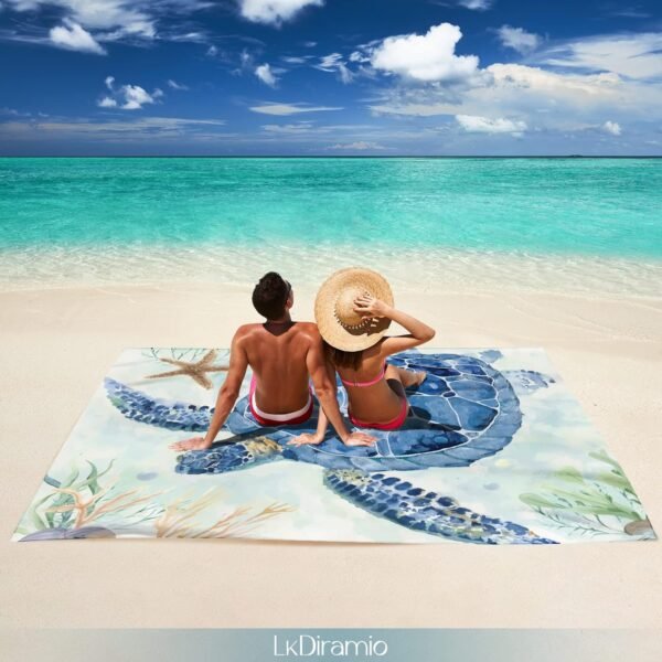 Beach Blanket Sand Proof Waterproof Oversized 100" x 80" Sand Free Mat with Corner Pockets and Mesh Bag for Outdoor, Picnic, Travel, Beach Accessories Portable, Watercolor Turtle - Image 7