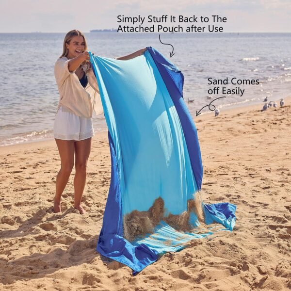 WEKAPO Beach Blanket - Sandproof Waterproof Extra Large Beach Mat | Oversized Sand-Free Lightweight Quick-Drying | Beach Vacation Essentials with Stakes & Corner Pockets - Image 5