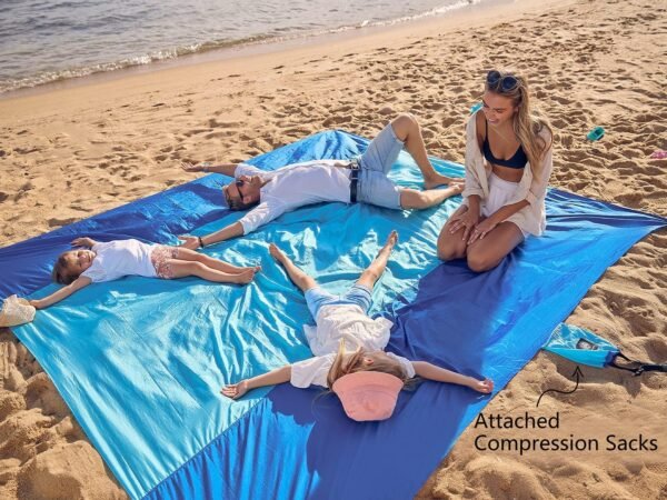 WEKAPO Beach Blanket - Sandproof Waterproof Extra Large Beach Mat | Oversized Sand-Free Lightweight Quick-Drying | Beach Vacation Essentials with Stakes & Corner Pockets - Image 3