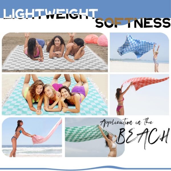 Giant Turkish Beach Blanket Pool Towel Thin Extra Large Sand Free Quick Dry Oversized Cruise Ship Essentials Summer Vacation Accessories Must Haves Gear Stuff Gadget Hawaii Women Gift Checkered Blue - Image 4