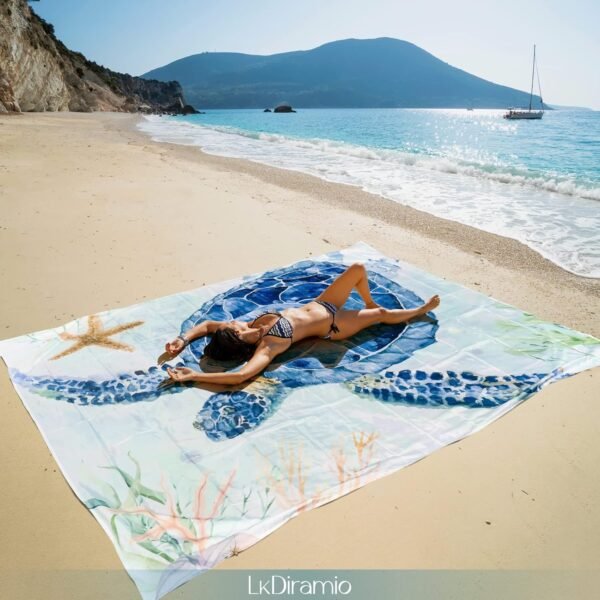 Beach Blanket Sand Proof Waterproof Oversized 100" x 80" Sand Free Mat with Corner Pockets and Mesh Bag for Outdoor, Picnic, Travel, Beach Accessories Portable, Watercolor Turtle - Image 6