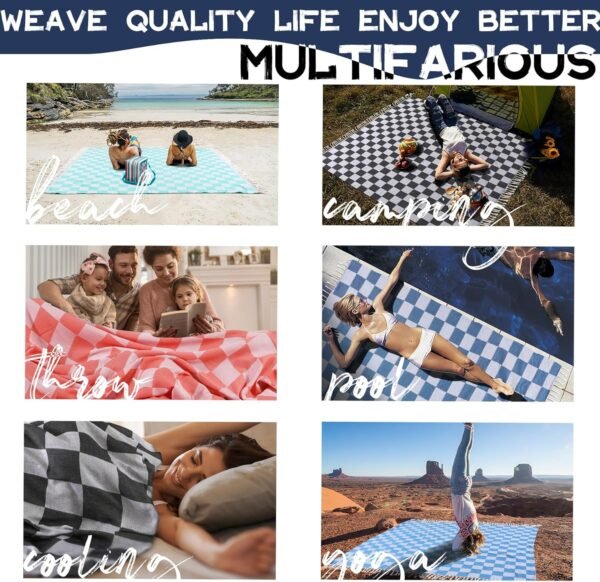 Giant Turkish Beach Blanket Pool Towel Thin Extra Large Sand Free Quick Dry Oversized Cruise Ship Essentials Summer Vacation Accessories Must Haves Gear Stuff Gadget Hawaii Women Gift Checkered Blue - Image 3