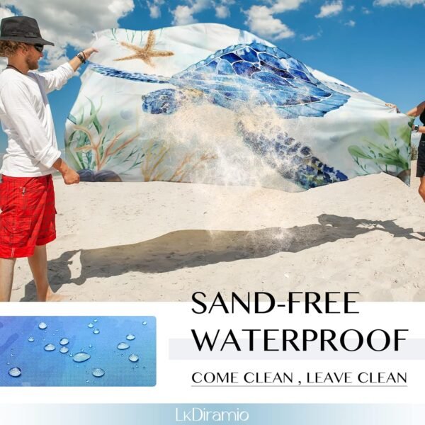 Beach Blanket Sand Proof Waterproof Oversized 100" x 80" Sand Free Mat with Corner Pockets and Mesh Bag for Outdoor, Picnic, Travel, Beach Accessories Portable, Watercolor Turtle - Image 4